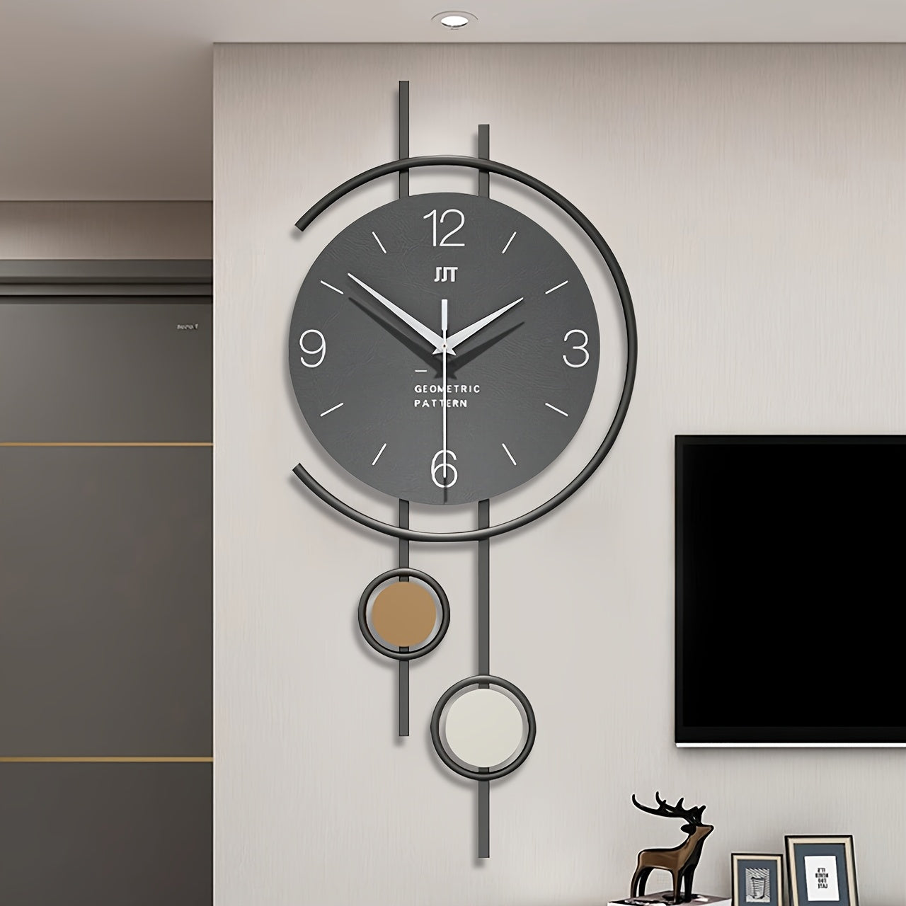 Modern Walnut & Golden Metal Wall Clock - No-Drill Installation, Quartz Movement, Silent Sweep Automatic Operation, Large Black with White Hands & Golden Hour Markers - Irregular Minimalist Design for, Bedroom, Dining
