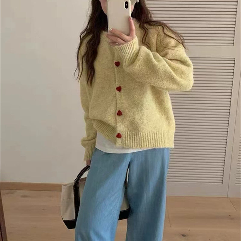 Round Neck All-matching Design Love Girl Buckle Knitted Cardigan Sweater Coat for Women