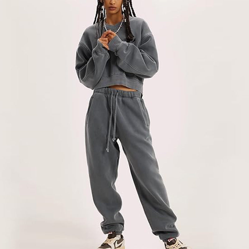 Women's V-Neck Long-Sleeve Crop Sweatshirt & Lace-Up Pants Set