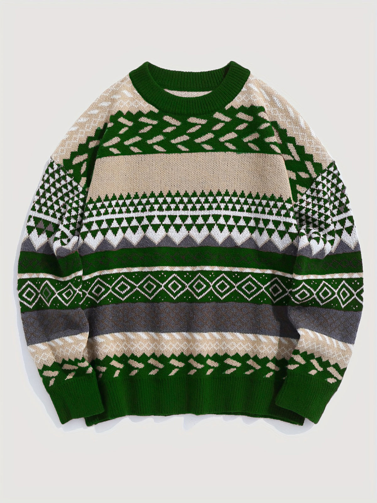 Pullover Round Neck Long Sleeves Contrast Color Diamond Patterns Sweater