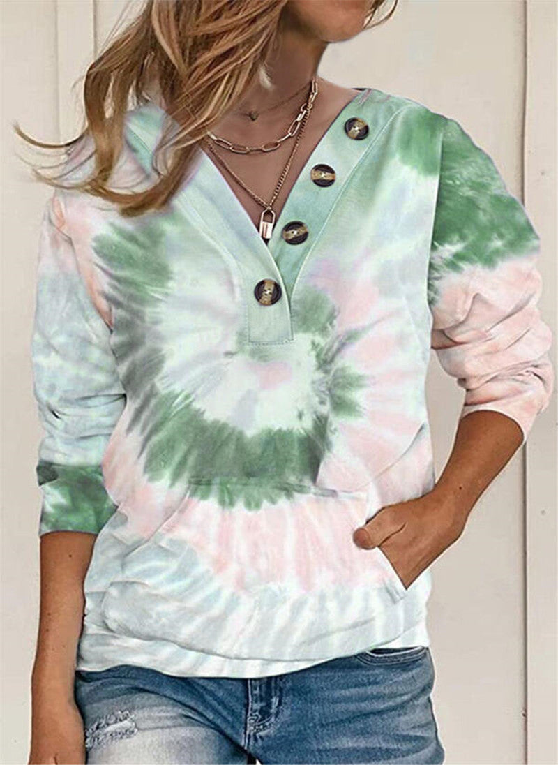 Women's Tie-Dye V-Neck Long Sleeve Button Sweater