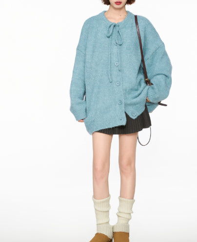 Lace-up Crew Neck Single-breasted Sweater Coat