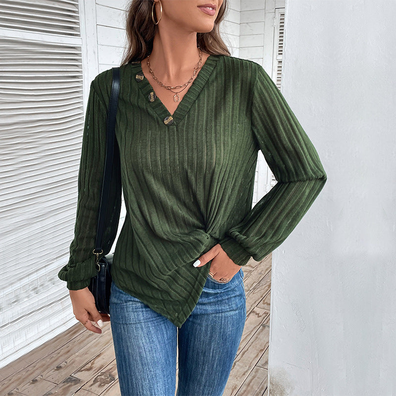 Fall V-Neck Textured Striped Long-Sleeve Sweater