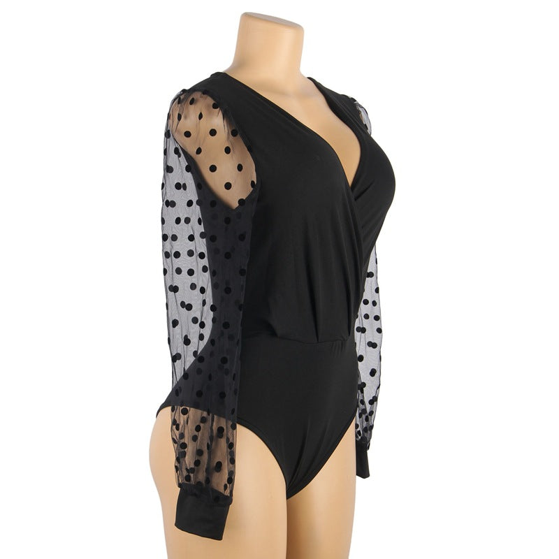 Women's Polka Dot Deep V-Neck Long Sleeve Romper Jumpsuit