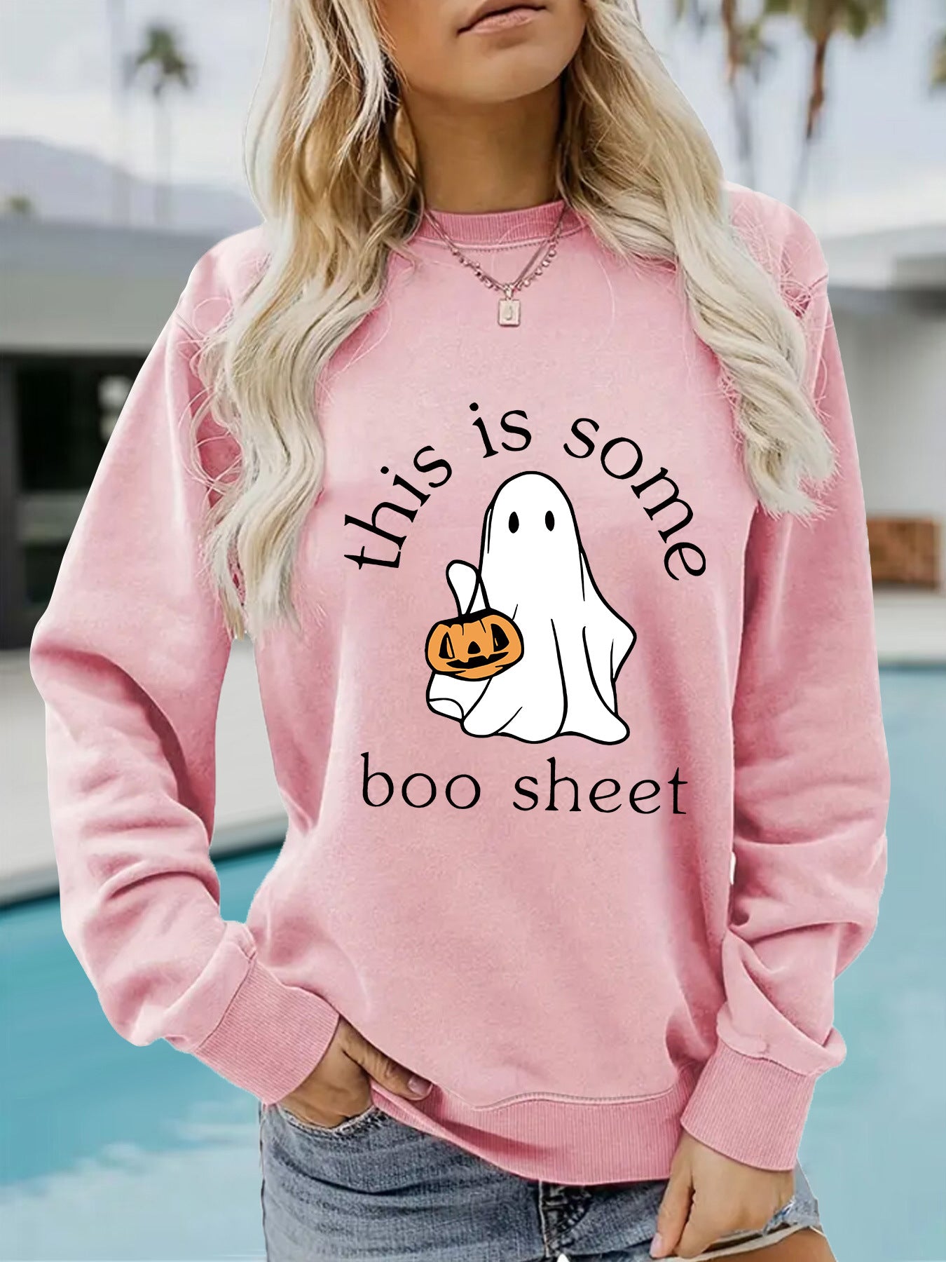 Spooky Chic Halloween Print Crewneck Pullover Sweatshirt