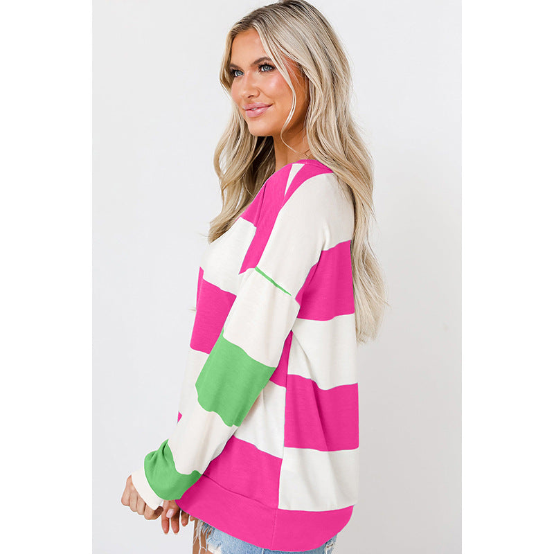 Colorblock Striped Drop-Shoulder Pullover Sweatshirt