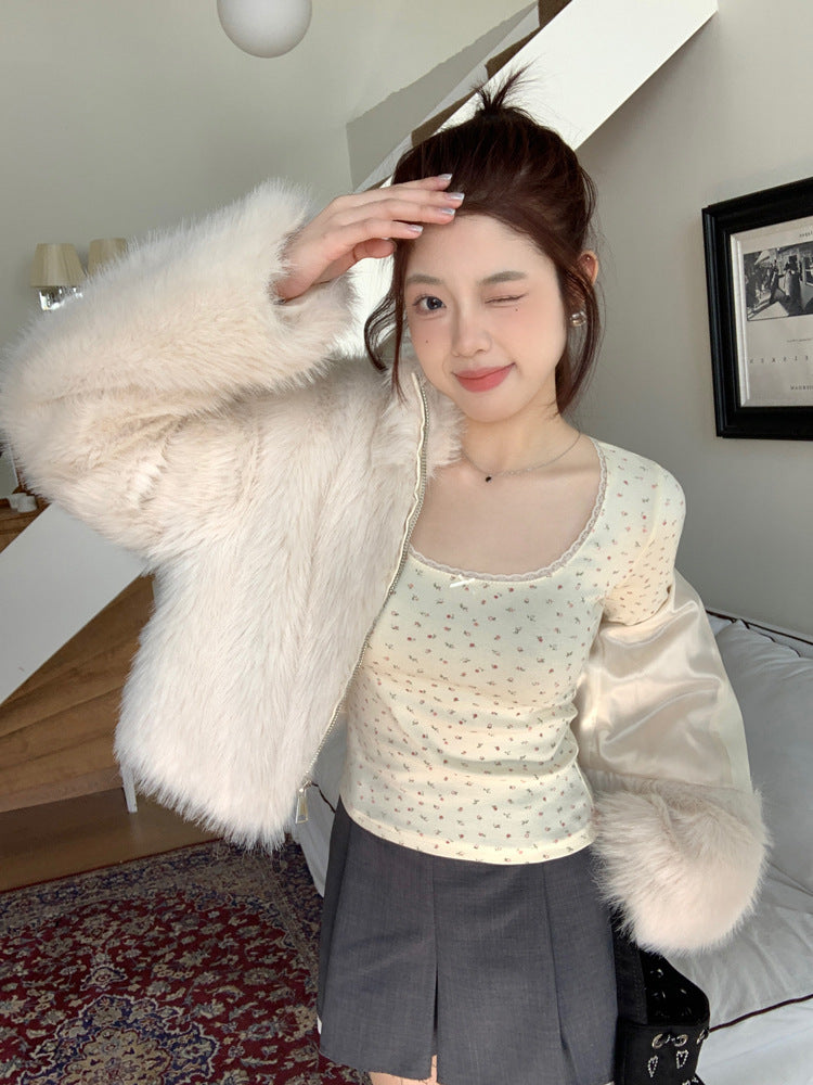 Floral Lace Long Sleeve Slim Crop Top