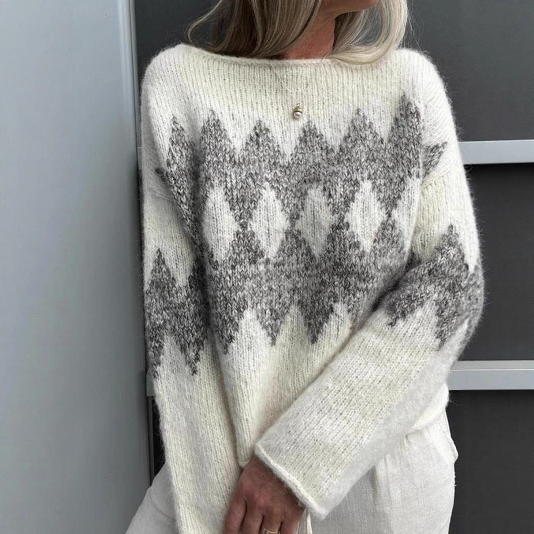 Women's Casual Simple Round Neck Jacquard Knitted Top