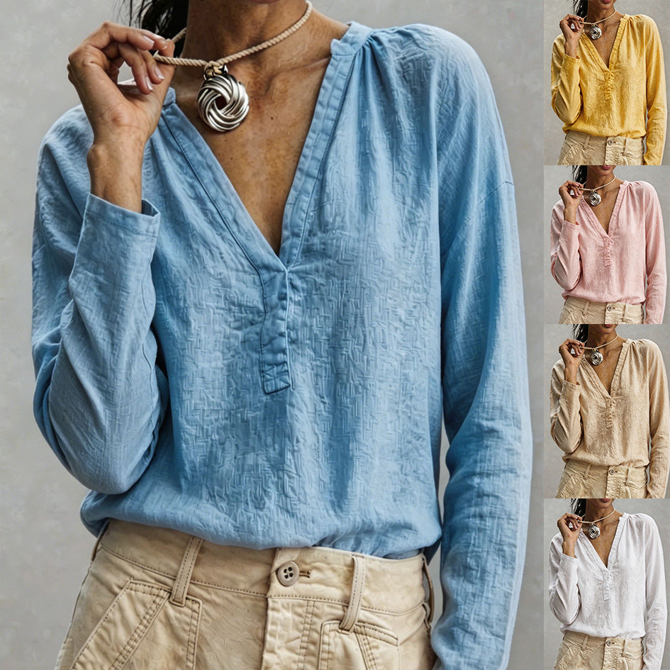 Women's Casual V-Neck Long Sleeve Top – Soft Cotton-Linen Patchwork