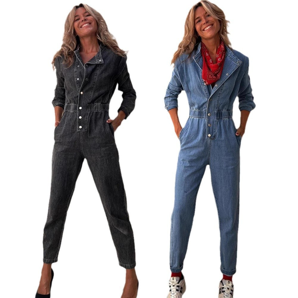 Washed Denim Utility Jumpsuit with Pockets