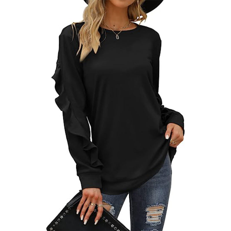 Chic Pleated Long Sleeve Round Neck Casual Women's Sweater