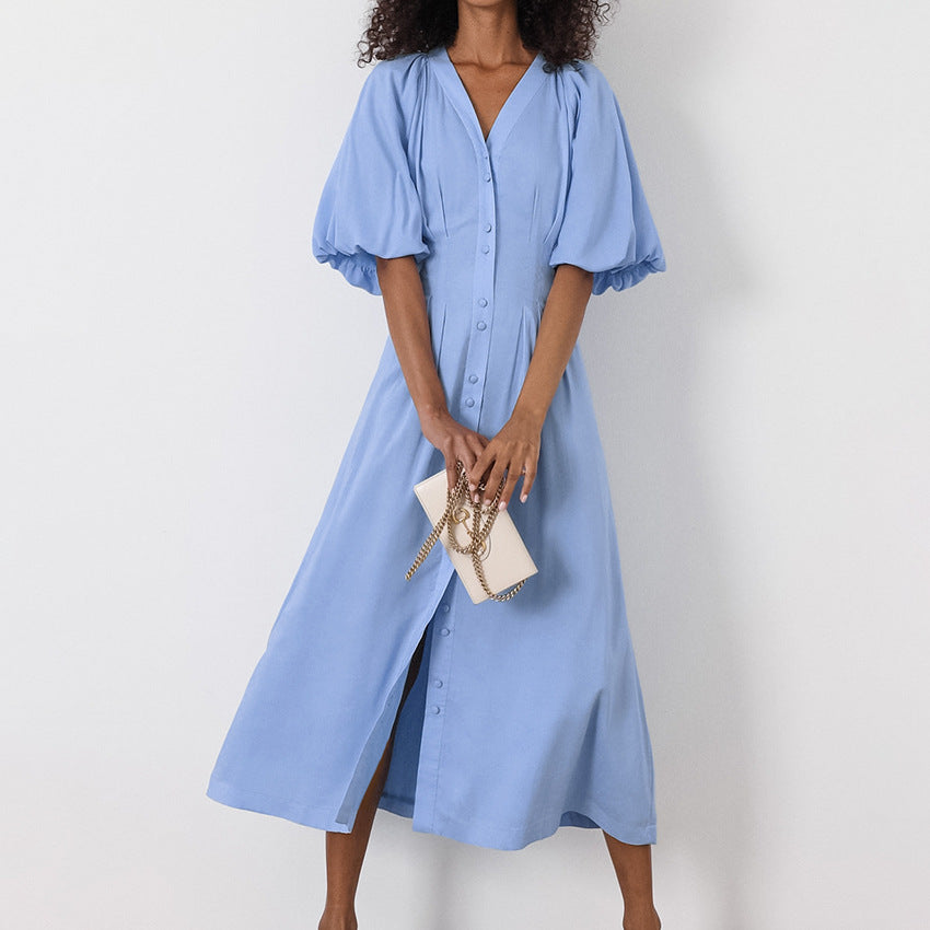 Women's Cotton V-neck Puffed-sleeve Dress