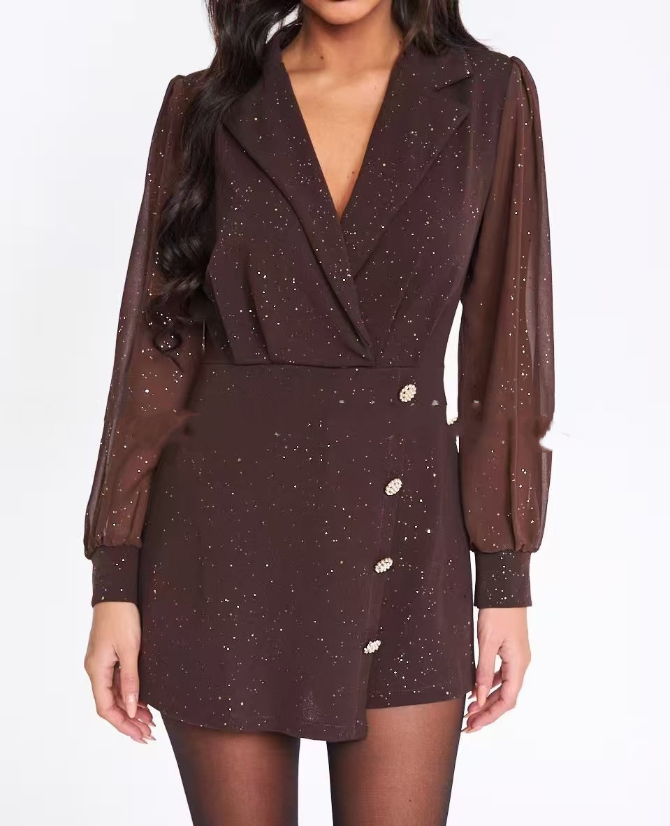Sequin V-Neck Lantern-Sleeve Jumpsuit