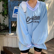 Korean Style V-Neck Printed Loose Long Sleeve Sweatshirt