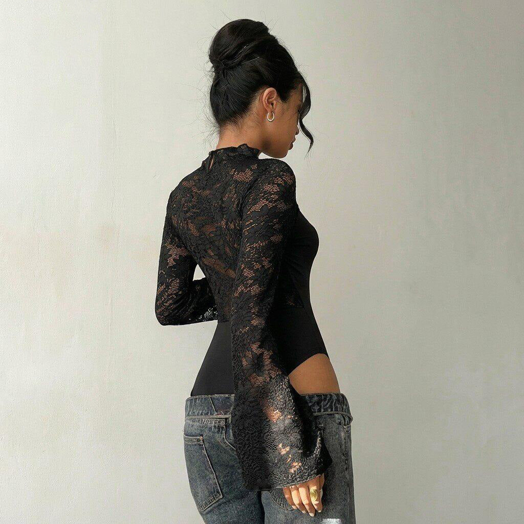 Women's Sexy Lace Hollow-Out Long Sleeve Jumpsuit