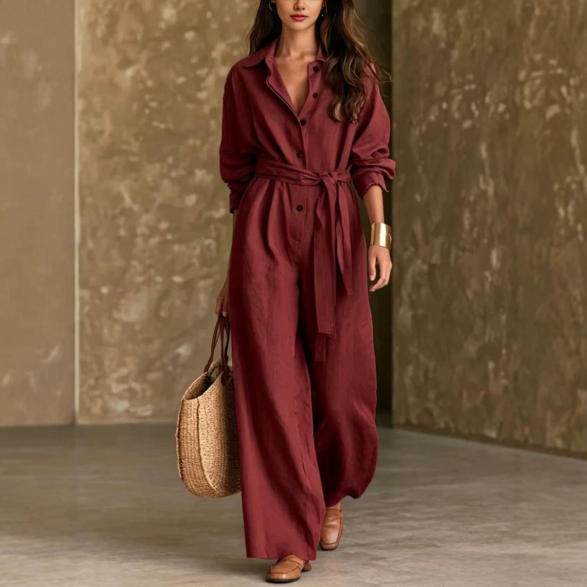 Women's Casual Belted Long-Sleeve Wide-Leg Jumpsuit
