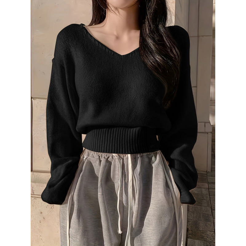 Solid Color and V-neck Side Buckle Waist Slimming Versatile Spring Top