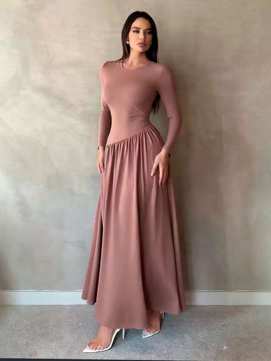 Elegant Solid Color Slim-Fit Long-Sleeve Dress