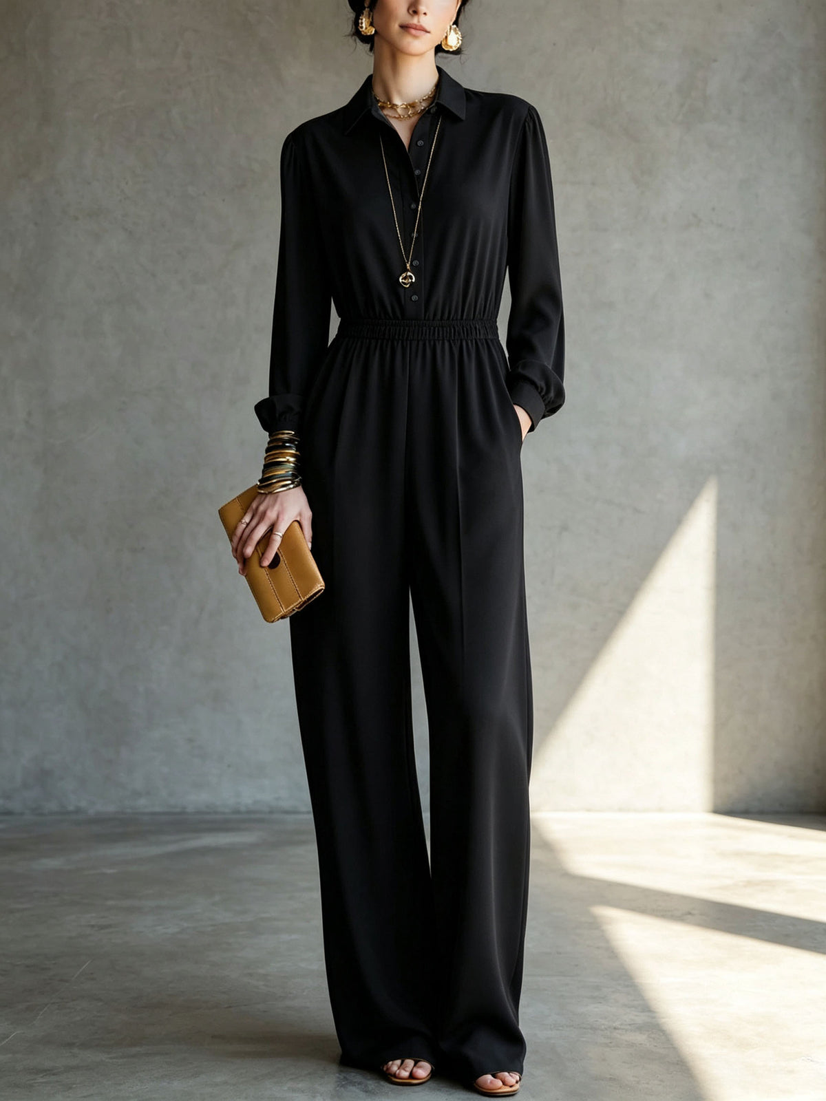 Casual Solid Color Pocket Long Sleeve Jumpsuit
