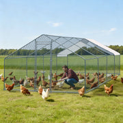 Silvery 4-Compartment Chicken and Rabbit Cage with Arched Roof – 7.8 m x 3 m x 1.9 m, PE Tarpaulin and Galvanized Pipe