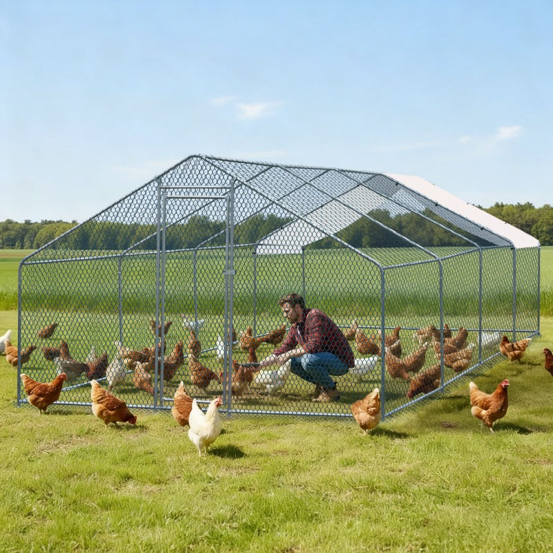 Silvery 4-Compartment Chicken and Rabbit Cage with Arched Roof – 7.8 m x 3 m x 1.9 m, PE Tarpaulin and Galvanized Pipe