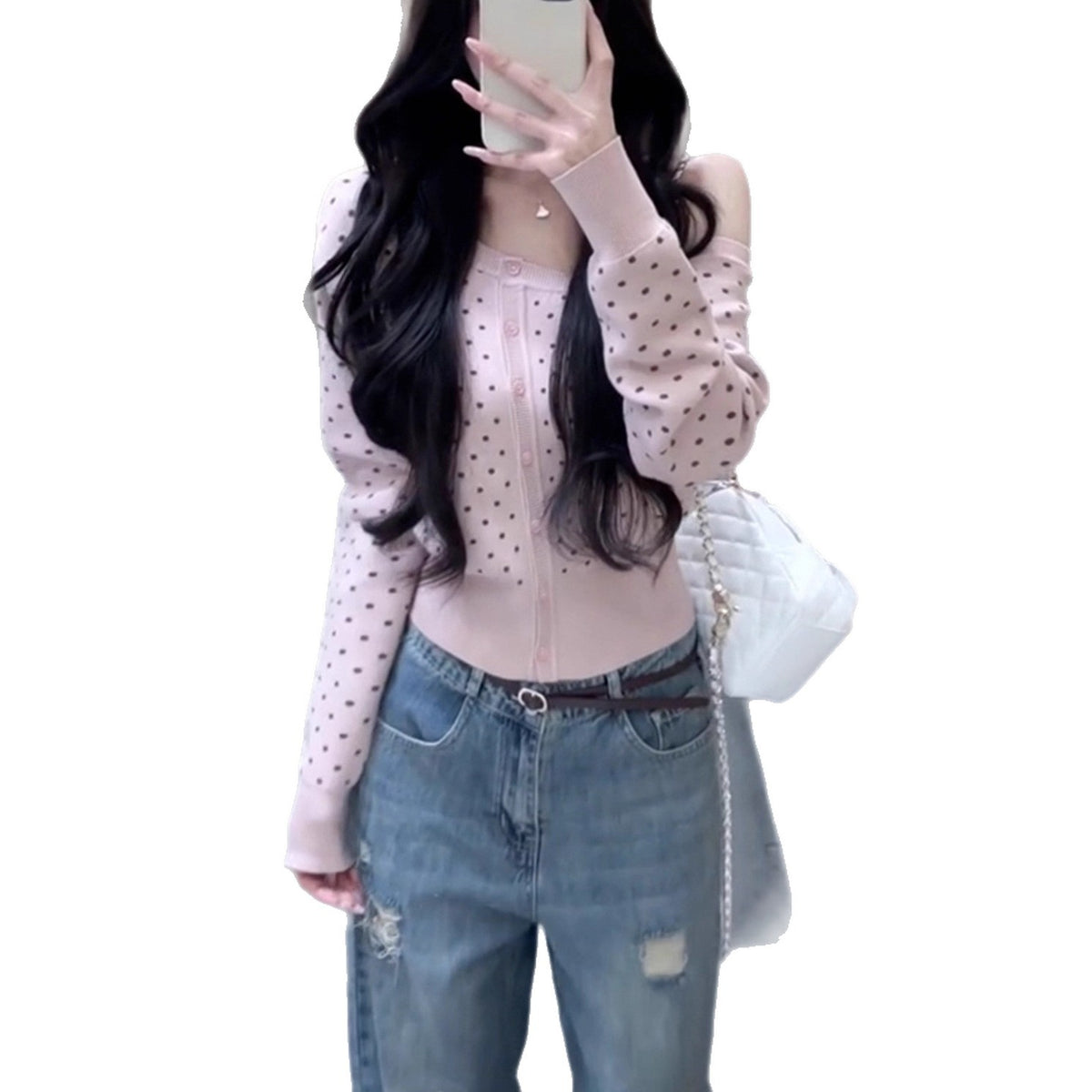 Polka Dot Long Sleeve Diagonal Cardigan Sweater Women's Casual Coat
