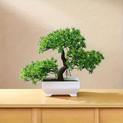 Realistic Artificial Pine Tree Bonsai Plant in White Pot - Low-Maintenance Fake Miniature Pine with Lifelike Branches & Foliage, Pre-Potted Indoor for Shelves, Housewarming Gifts,