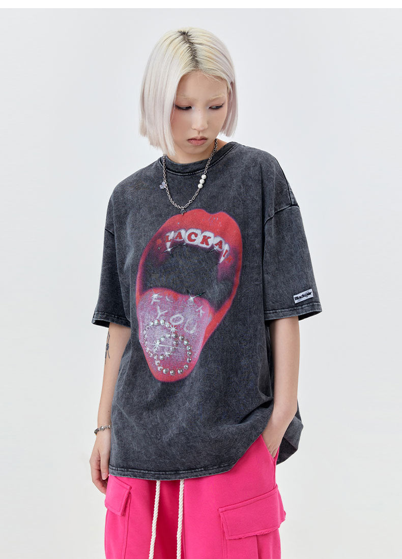 Retro Red Lips Print Men's Casual Streetwear T-Shirt