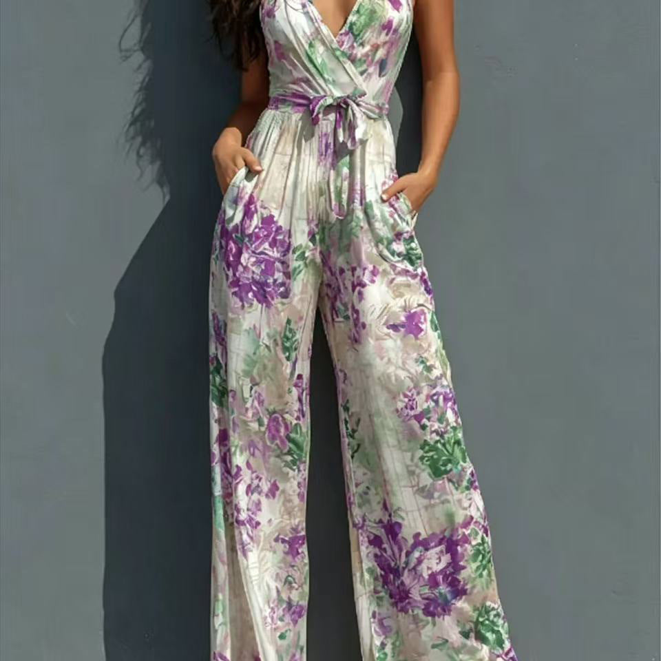 Women's Halter Deep-V Floral Wide-Leg Jumpsuit