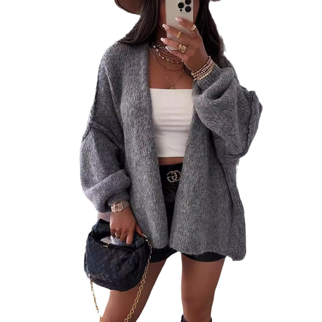 Casual Loose Solid Color Mid-length Knitted Sweater for Women