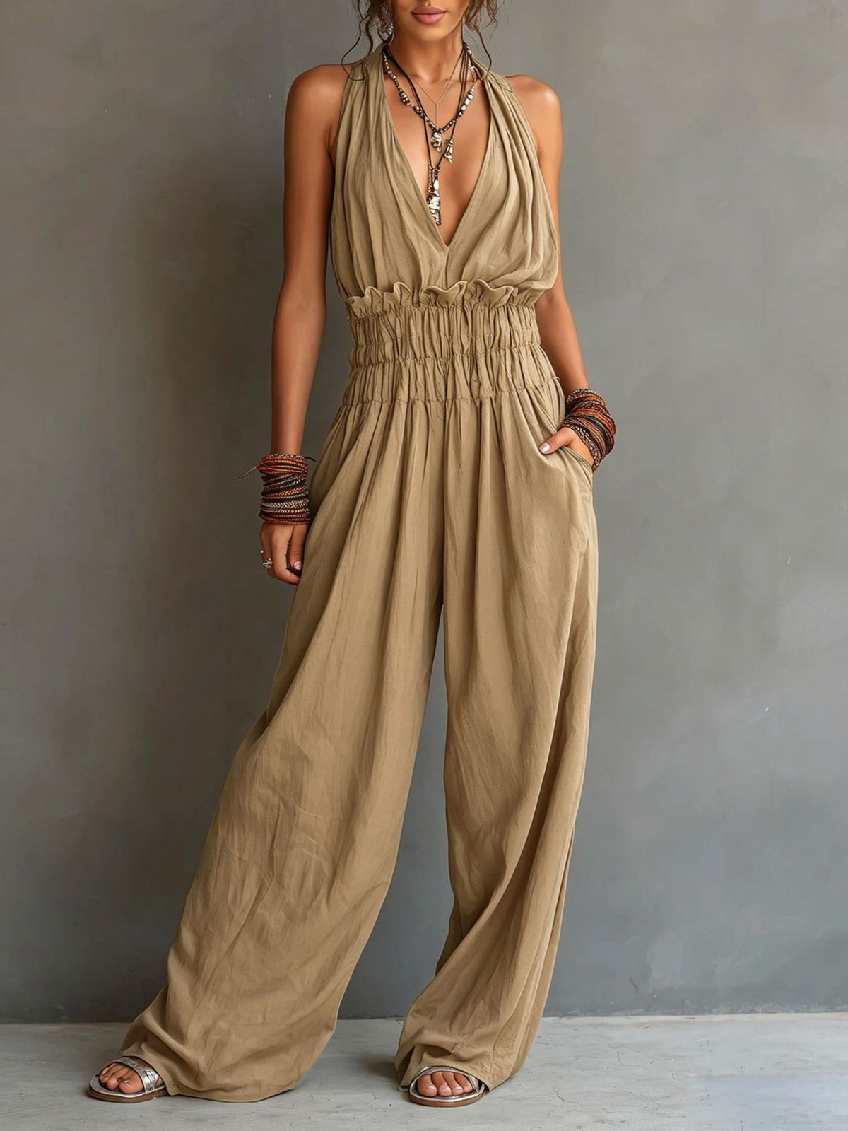 Halter V-Neck Waist-Cinching One-Piece Jumpsuit