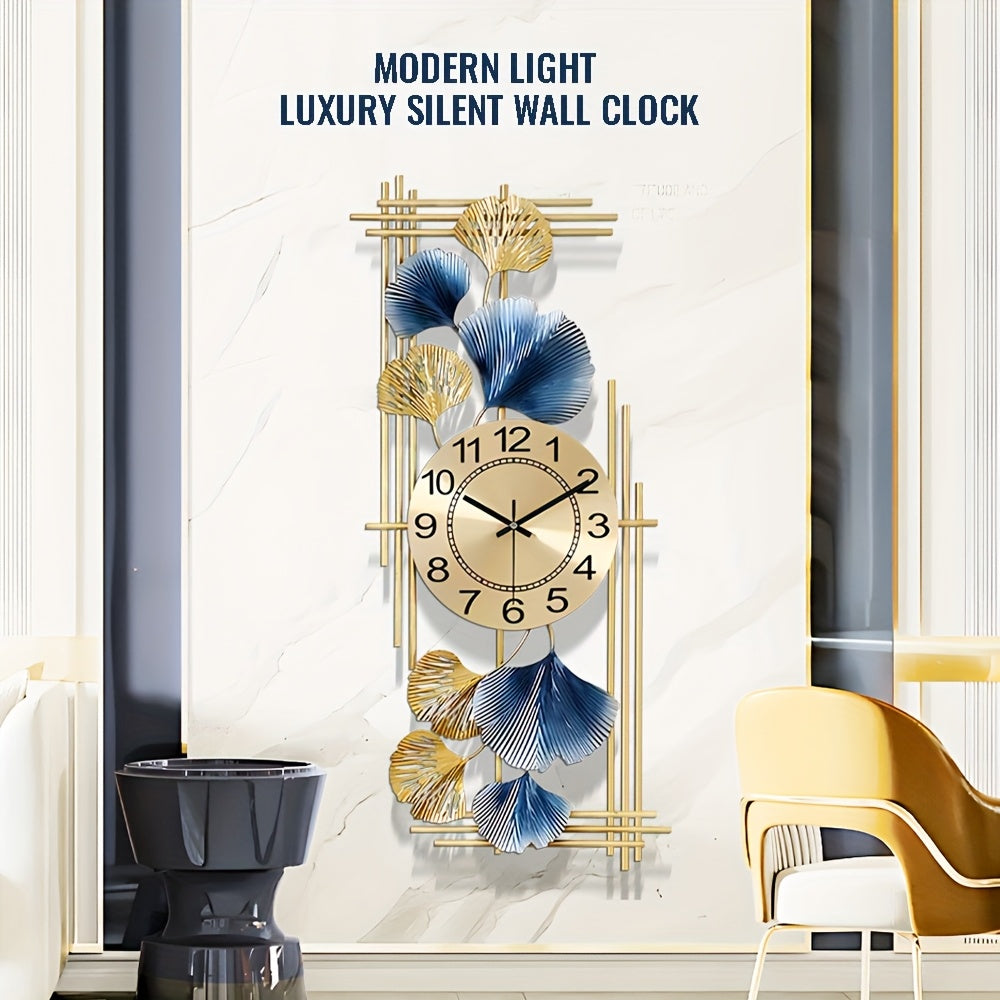 Silent ginkgo leaf metal wall clock battery powered decor