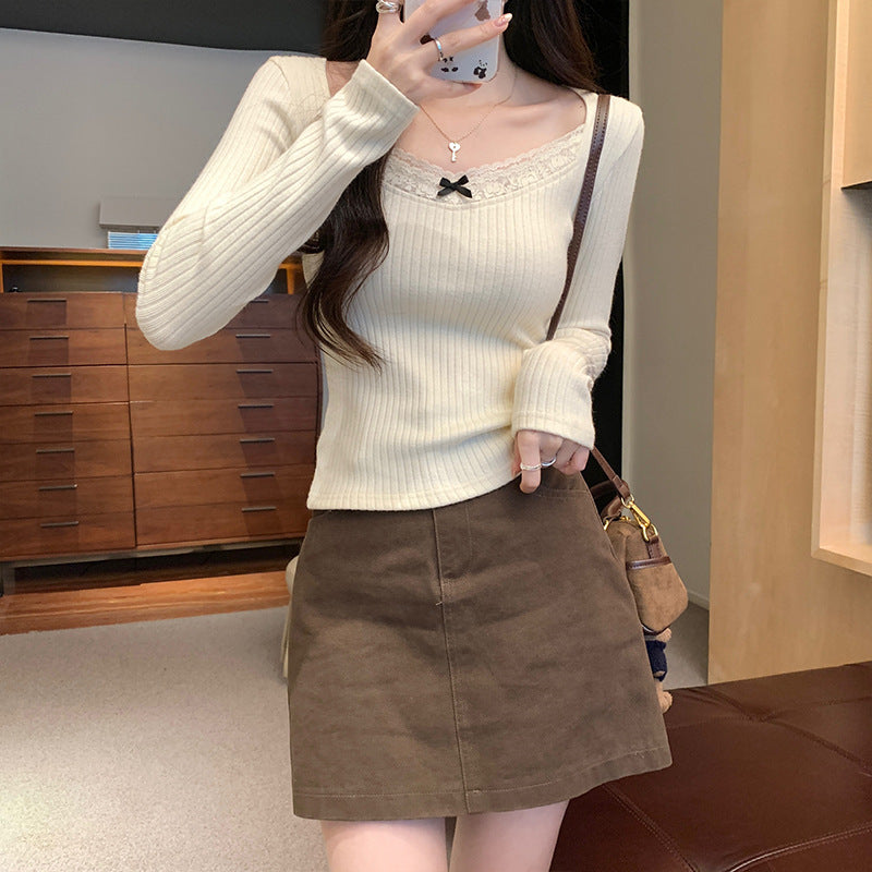 Women's Lace Long-sleeved Bottoming Shirt Slim Fit Inner Wear T-shirt