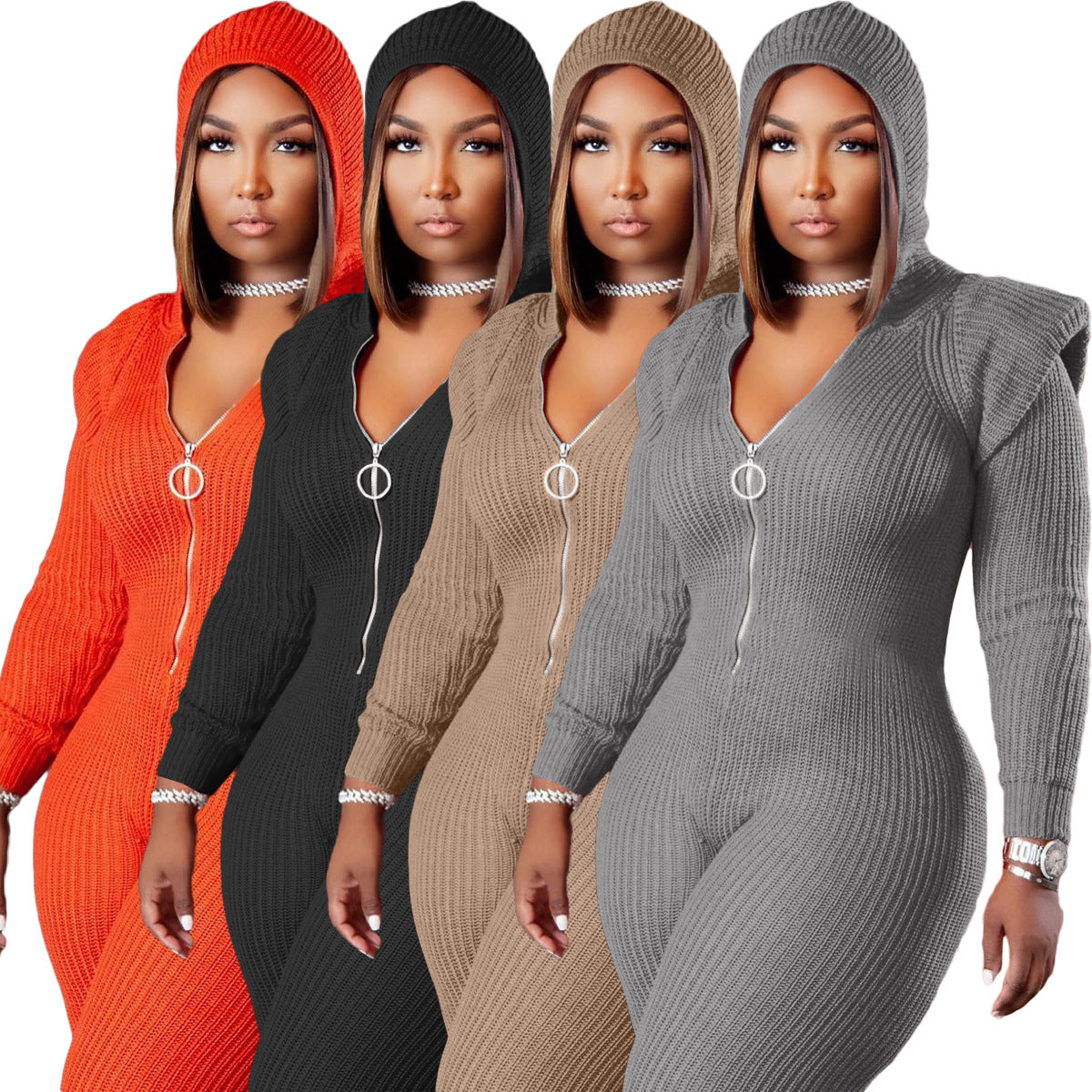 Women's Fall Winter Fashion Knitted Wool Padded Shoulder Hooded Jumpsuit