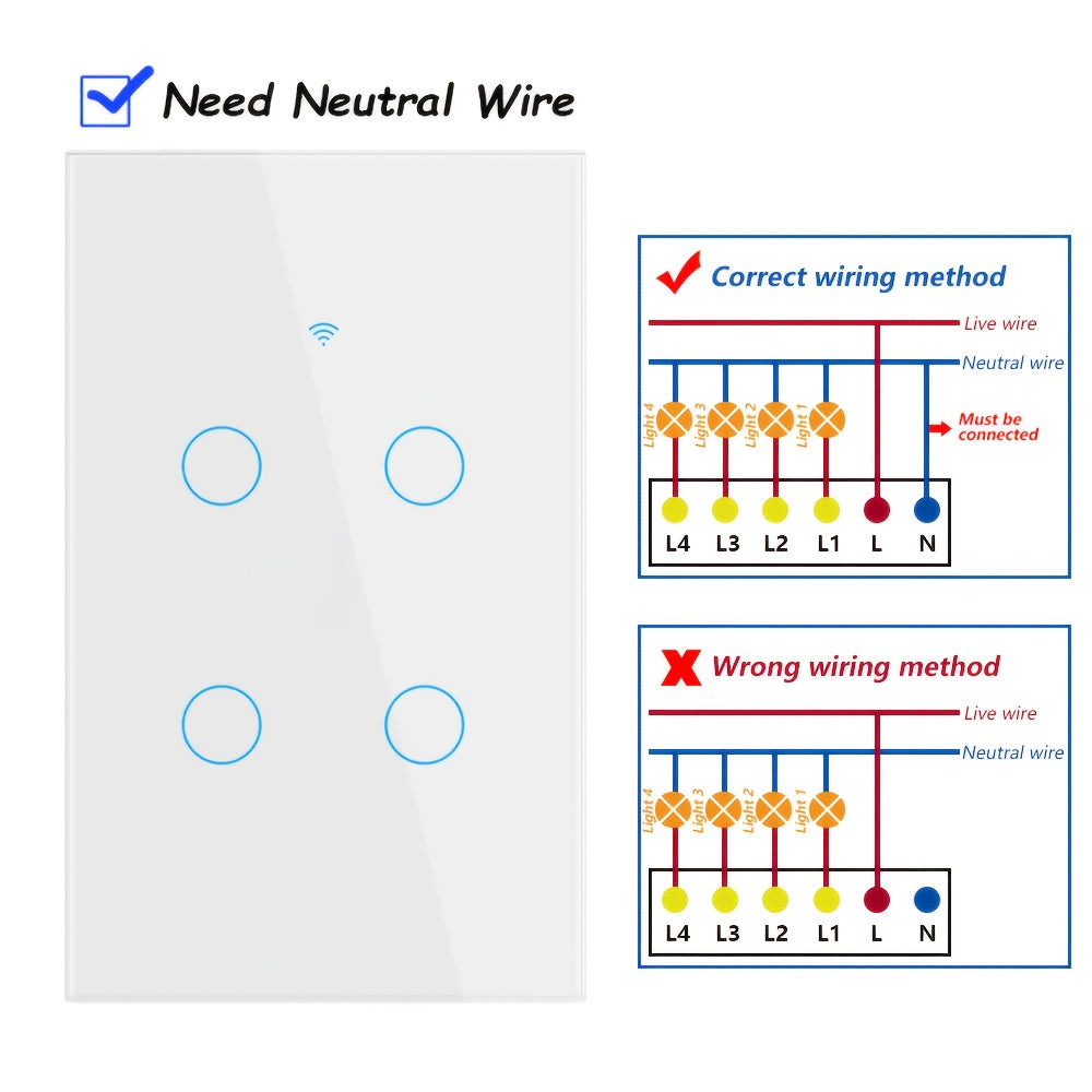 Premium Scratch‑Resistant Glass Smart Wall Switch – WiFi & Bluetooth Touch Screen, Voice Control, 1‑4 Gang, 600 W per Gang, Neutral Required