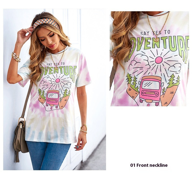Casual Tie-Dyed Letter Print Short-Sleeve T-Shirt