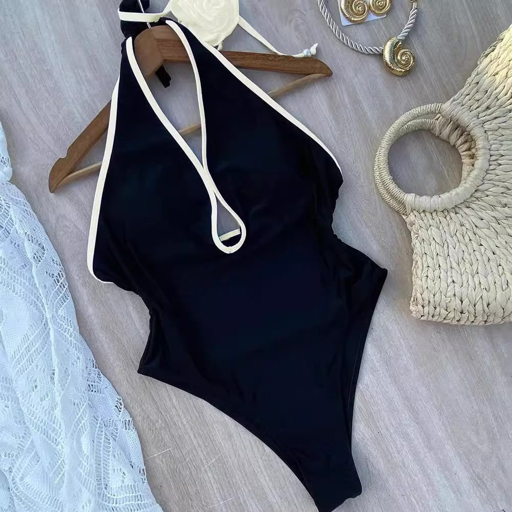 Chic Lace Floral One-Piece Slimming Halter Swimsuit