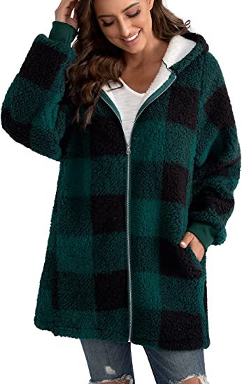 Plush Plaid Hooded Long Coat for Women