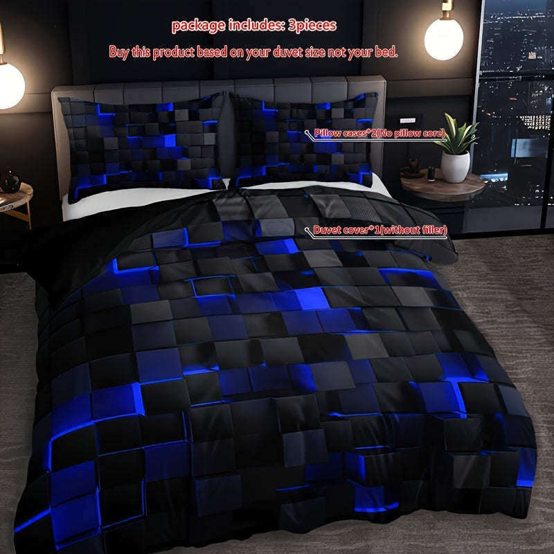 Stylish Tech Themed Plaid Duvet Cover Set High Definition Digital Print &