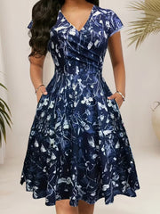 Womens Floral Waist Cinched Short Sleeve V Neck Dress