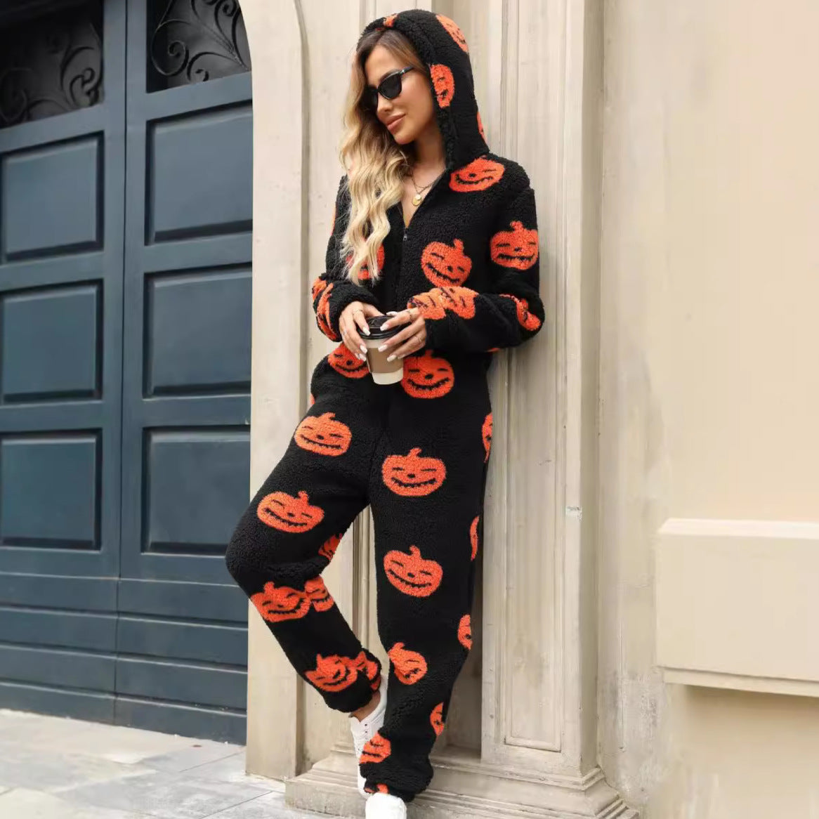 Halloween Pumpkin Print Zip Plush Jumpsuit