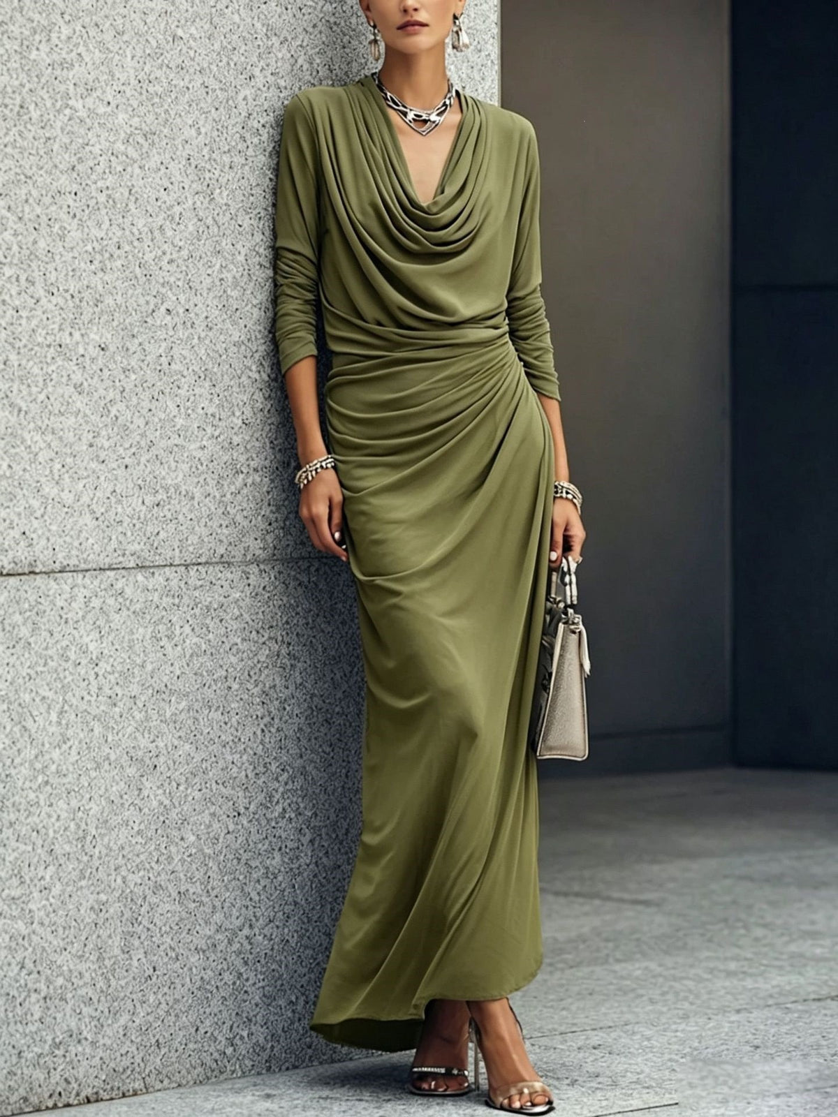 Women's Draped Boat-neck Long-sleeve Dress