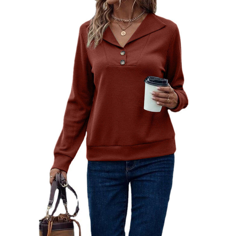 Casual Women's Waffle Collar Solid Single Breasted Long Sleeve Women