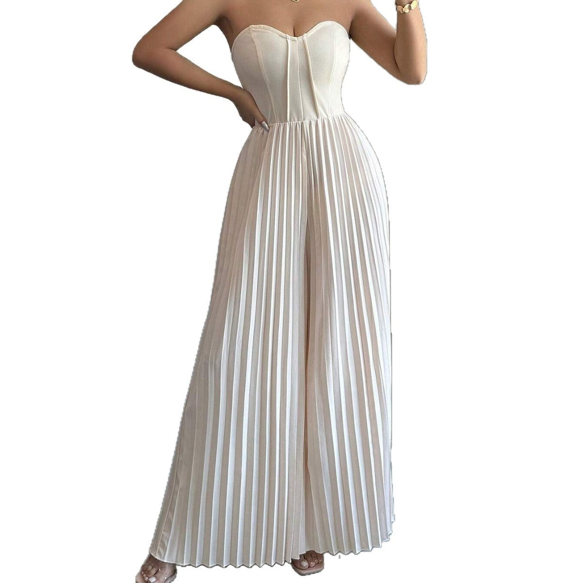 Chic Waist-Cinching Solid Tube Top Jumpsuit