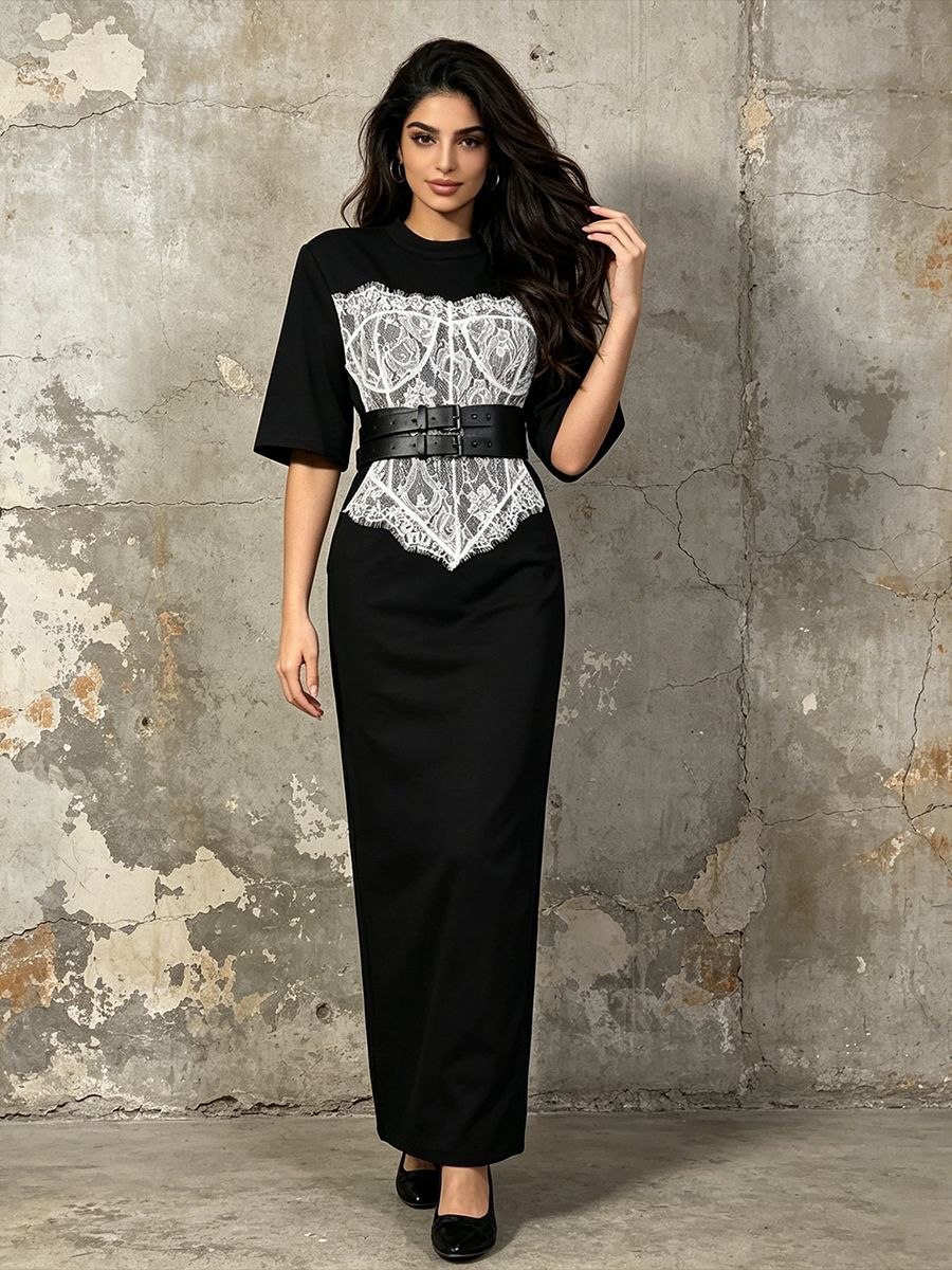 Contrast Lace Corset Panel Midi Bodycon Dress with Wide Belt