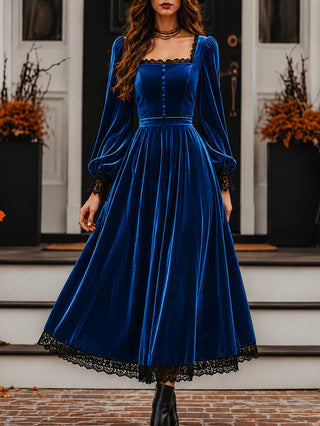 Annuo Square Neck Lace Spliced Velvet Dress for Women, New Autumn Winter Evening Gown