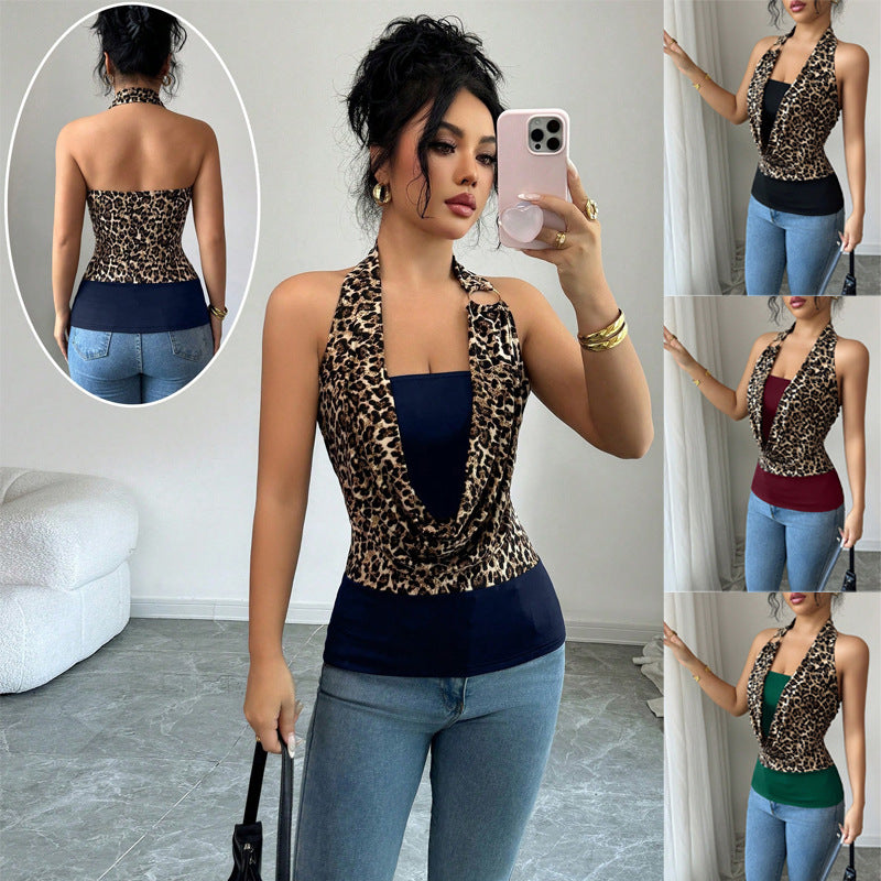 Chic Halterneck Leopard-Print Bodycon Backless Sleeveless Top
