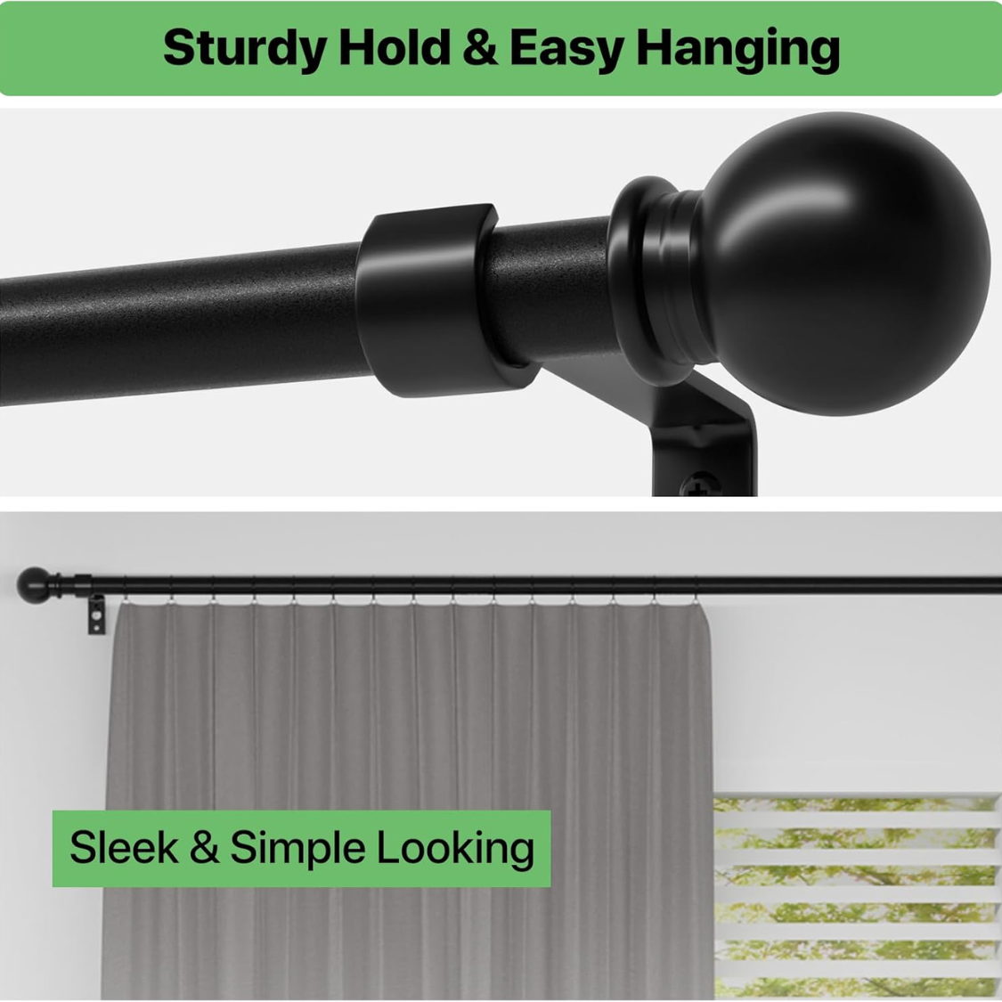 Curtain Rods for Windows 28 to 48 Inch, Black Curtain Rod Set with Brackets, Splicing Adjustable Metal Drapery Rod for Bedroom, Kitchen, Living Room, Matte Black