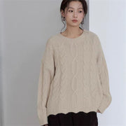 Retro Chunky Knit Cable Patterned Thickened Loose Fitting Short Solid Color Sweater