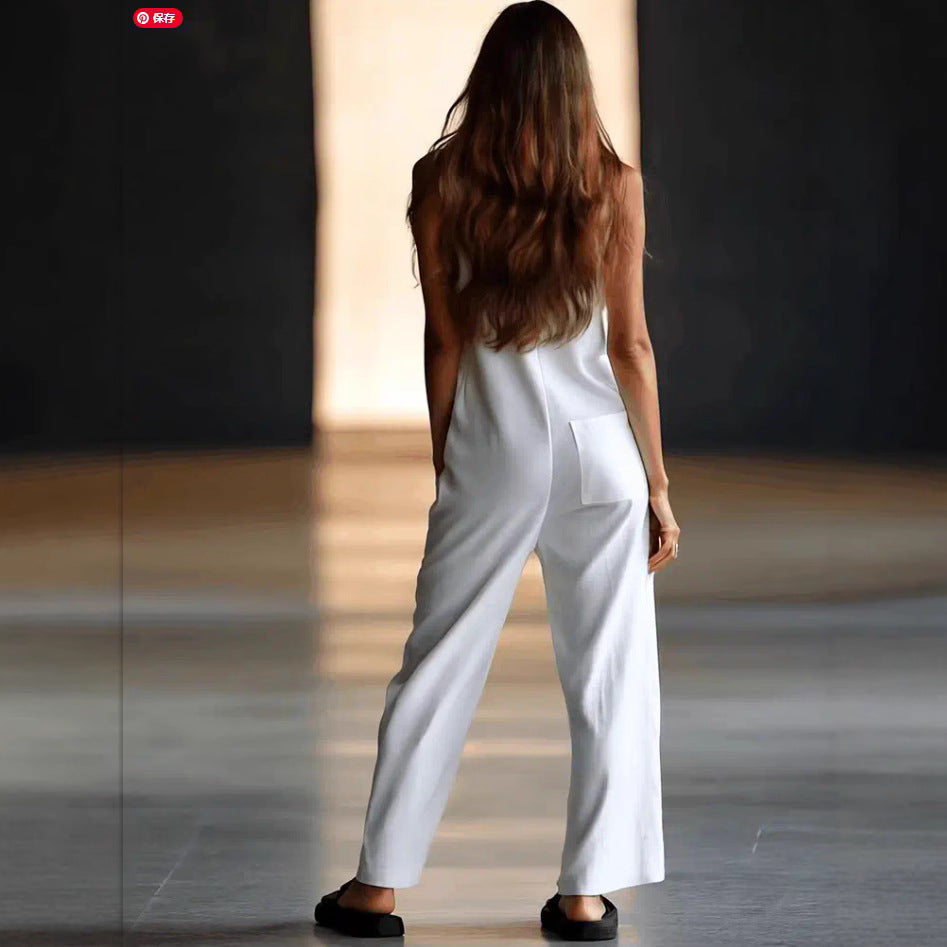Casual Loose-fit Sleeveless Single-breasted Wide-leg Pants
